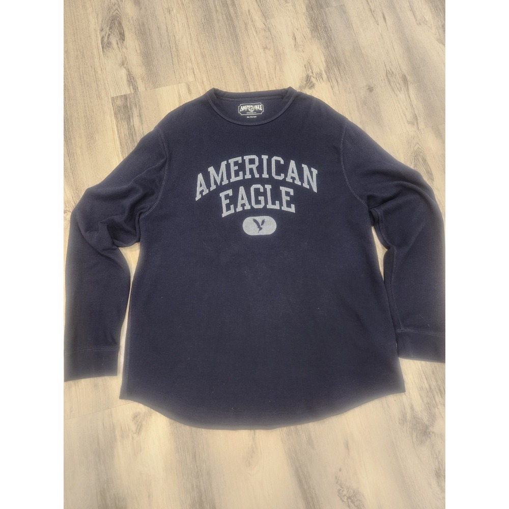 American Eagle Men's XXL Navy Blue Logo Thermal‎ Long Sleeve Tee Cotton Blend